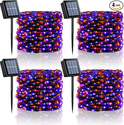 YEGUO Orange and Purple Halloween Lights Outdoor Waterproof, 4 Packs Each 33ft 100 LED Solar Fairy Light,8 Modes Black Wire String Lights