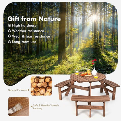 Tangkula 6 Person Wood Picnic Table, Outdoor Round Picnic Table with 3 Built-in Benches, Umbrella Hole, Outside Table and Bench Set for Garden, Backyard, Porch, Patio, 500lbs Capacity Per Bench