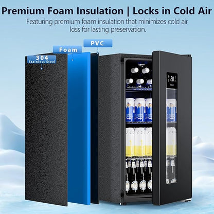 COWSAR 3.2 Cu. Ft. Beverage Refrigerator, 130-Can Beer Cooler with Digital Temperature Control (20°F–50°F), Glass Door, Adjustable Shelves, LED Lighting, for Home, Office & Bar, Black