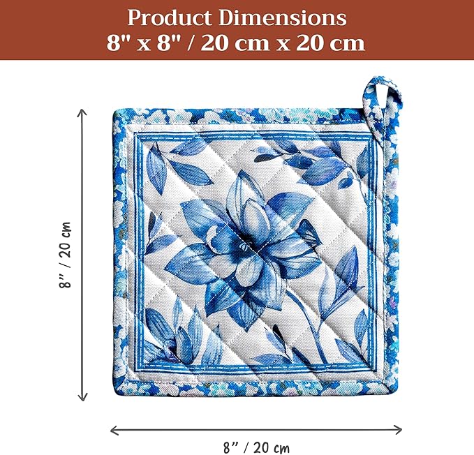 Maison d' Hermine Pot Holders 100% Cotton Heat Resistant Potholders 8" x 8" Hot Pads with Loop BBQ Cooking Baking Hotel Farmhouse Kitchen Handling Hot Pans Spring Summer (Pack of 1, Summer Blues)