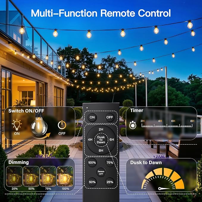 100FT Outdoor String Lights with Remote, 50 + 3 Spare G40 LED Bulbs Plug in Connectable Dimmable Patio Lights, Waterproof Hanging Lights for Outside Backyard Balcony Yard Deck Party