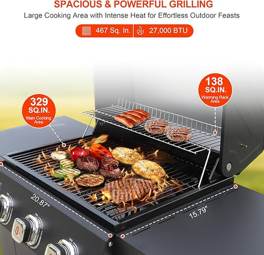 BRANDMAN GRILLS SINCE 1987 3-Burner Propane Gas Grill, 27,000 BTU BBQ Grill with Porcelain-Enameled Grates, Built-In Thermometer, Side Shelves, Heavy-Duty Wheels – Outdoor Grill for Patio & Backyard