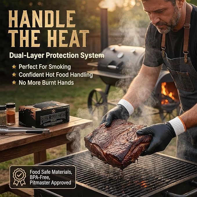 PepperMate BBQ Disposable Gloves with Cotton Liners – 10 Mil Heat Resistant Nitrile Gloves for Grilling, Smoking & Meat Handling – Non-Slip, Heavy Duty, Food Safe (100 Count + 4 Liners) Large