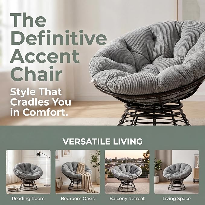 Cushion Papasan Swivel Chair, Ergonomic Wicker Round Chair with Thick Padding, Oversized Swivel Wicker Accent Chairs for Living Room, Bedroom, Reading Room, Balcony, Brown Frame, Gray