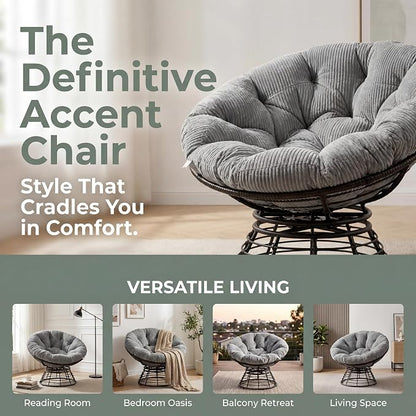 Cushion Papasan Swivel Chair, Ergonomic Wicker Round Chair with Thick Padding, Oversized Swivel Wicker Accent Chairs for Living Room, Bedroom, Reading Room, Balcony, Brown Frame, Gray