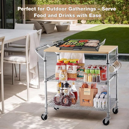3 Tier Rolling Kitchen Cart with Wood Tabletop, Kitchen Island Carts with Wheels & Slider Shelf, Microwave Cart on Wheels, Coffee Cart with Hooks, 35.4" L*18.1" W*31.9" H，Wood+Chrome