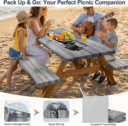 Picnic Table Cover with Bench Covers Windproof Waterproof Picnic Table Covers Camping Tablecloth with Self-Storage Bag, 72in, Gray Blue