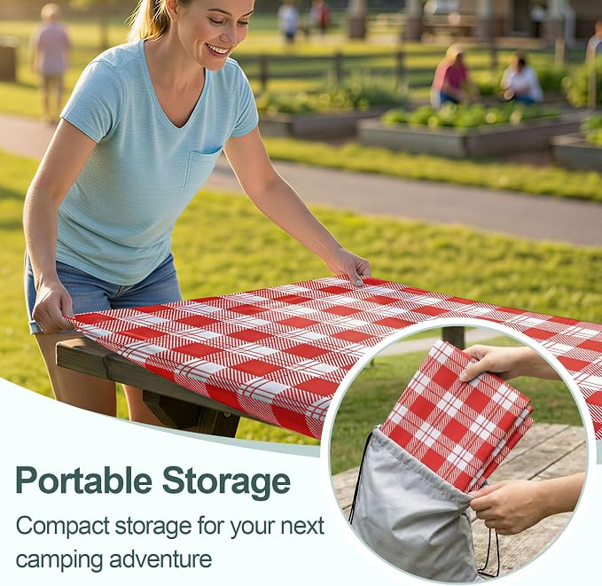 Picnic Table Cover Bench Covers Camping Essentials Tablecloth | Waterproof Vinyl for Outdoor, Windproof Elastic Fitted Edges, RV BBQ Accessories Must Haves, Storage Bag Included