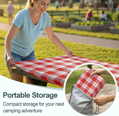 Picnic Table Cover Bench Covers Camping Essentials Tablecloth | Waterproof Vinyl for Outdoor, Windproof Elastic Fitted Edges, RV BBQ Accessories Must Haves, Storage Bag Included