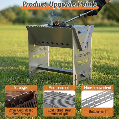 Portable Charcoal BBQ Grill, Extra Tall Heavy Duty Camping Safe | 15.7"x9.1"x15.7",2mm Steel Construction for Outdoor Cook, Family BBQ, Picnic，Detachable, Folds to 3cm Flat for Easy Storage