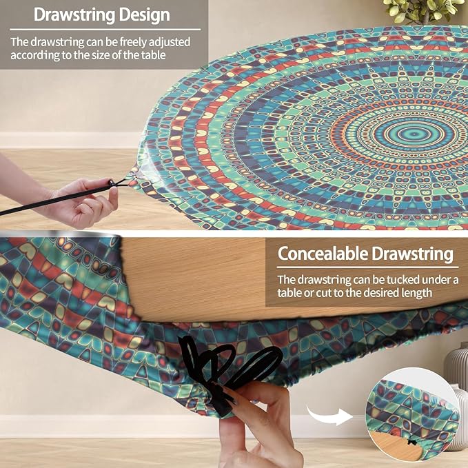 opstellen Waterproof Boho Vinyl Round Tablecloth Fitted Table Cloth Summer Fall Outdoor Circle Cover for 45-54" Tables Dining Kitchen Apartment Essentials Picnic Camping Party Decor Housewarming Gifts