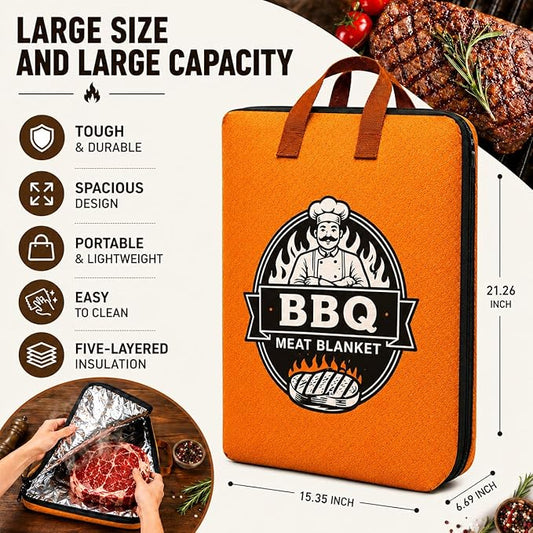 BBQ Blanket for Resting Meat – 21" 5-Layer Insulated Meat Resting Bag for Brisket, Turkey & Chicken | Food Warmer Bag for Smoking | BBQ Gifts for Men, Dad, Husband & Boyfriend