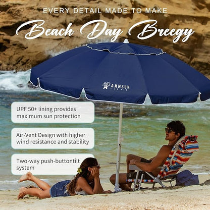 AMMSUN 8 Feet Large Beach Umbrella with Sand Anchor Heavy Duty High Wind Portable Outdoor Umbrellas UV 50+ Protection Air Vent Tilt Patio Garden Pool