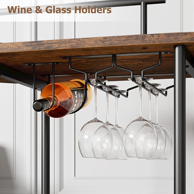 Garvee Bar Serving Cart with Wine Rack and Glass Holder, 3-Tier Rolling Serving Cart with 4 Wheels, Small Serving Table for Living Room, Kitchen, Dining Room, Black+Retro Brown