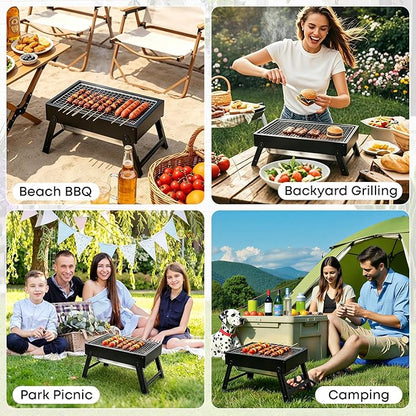 Portable Folding Charcoal Grills, 13.7“x8.7"7.5" Small Camping Campfire Grill, Barbecue Grill for Outdoor Travel Backyard Picnic Beach, with 8-Piece BBQ Accessories