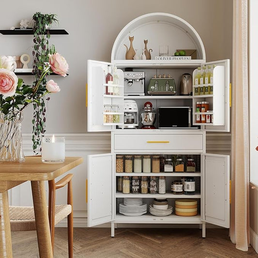 72.8" White Metal Arched Pantry Cabinet with Drawer, Tall Kitchen Storage Cabinet with 3 Adjustable Shelves, Door Storage, Magnetic Closure & Anti-Tip Kit, White, Assembly Required
