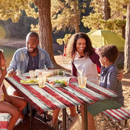 American Flag Picnic Fitted Tablecloth Benches Covers, 3 Pieces Set, Old Painted American Flag on Dark Wooden Fence Elastic Edged Table Cover, Great for Summer Spring Picnics Dinner Use, 72x28 In