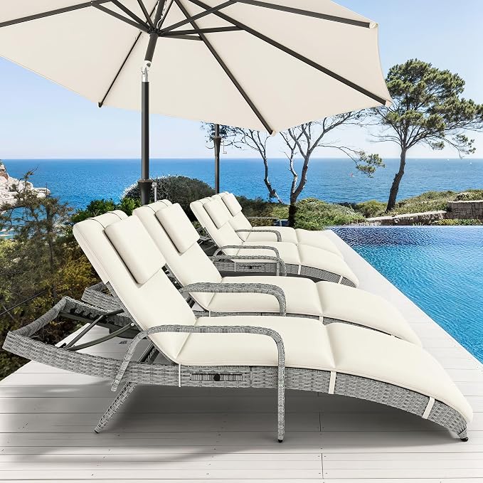 YITAHOME Wicker Chaise Lounge Outdoor, Rattan Pool Lounge Chair Reclining Chaise Lounge Set w/Pull-Out Desktop, 5-Position backrest, Headrest & Cushion, Armrests for Poolside, Beach, Outside(Beige)