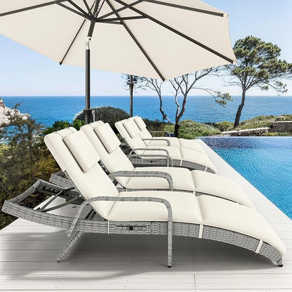YITAHOME Patio Chaise Lounge Chair Set of 2, Wicker Chaise Lounge Outdoor Rattan Reclining Chair with Armrests/Pull-Out Cup Holder/5-Position Backrest/Cushion & Headrest-Beige