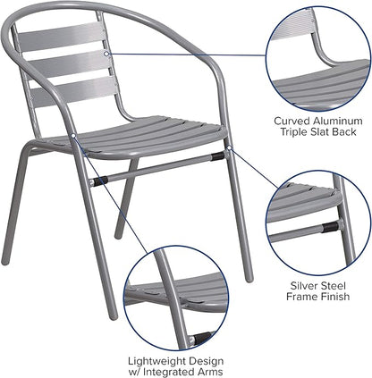 Flash Furniture TLH-0732SQ-017CSV4-GG Lila 31.5'' Square Glass Table with 4 Metal Aluminum Slat Stack Chairs, Silver