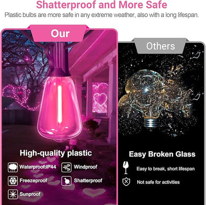 LAMPHOME 2-Pack 26Ft ST38 Pink Valentine's Day Patio Lights ，Outdoor String Lights with 12+1 ST38 Edison Bulbs, Shatterproof LED Lights for Outside Bistro Christmas Wedding Party Decorations