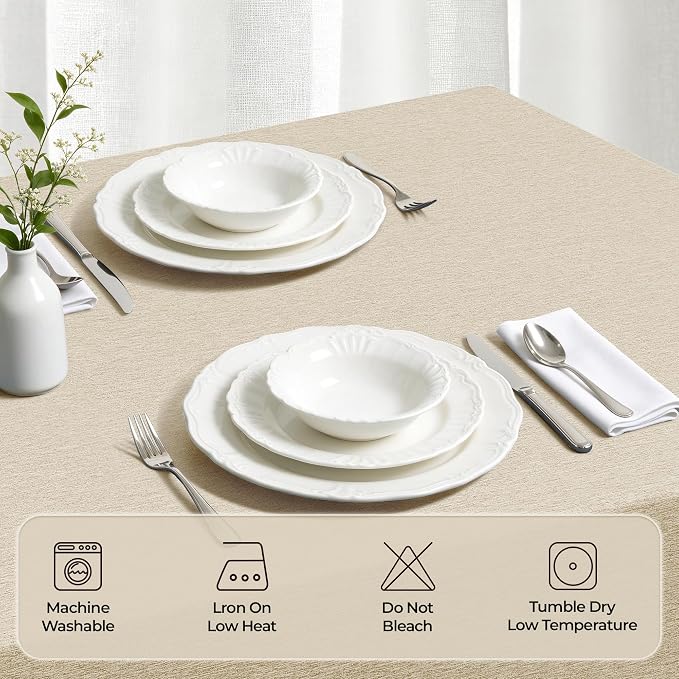Decorelia Faux Linen Farmhouse Table Cloth 60"x120" for Rectangle Table, Beige Waterproof Outdoor Washable Cloth Tablecloth for Rectangular Dining Room Kitchen Outdoor Party Restaurant Decor