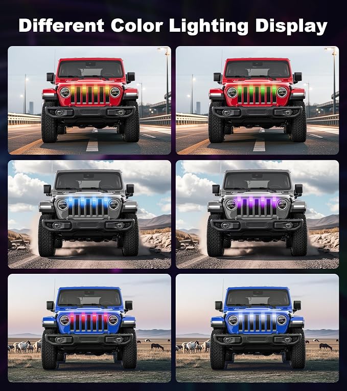 LED Grill Lights for Jeep Wrangler JL JLU Accessories 2018-2023, RGB | Direct-Snap Front Grille LED Accent Marker Lights, IP68 Waterproof, Enhanced Night Visibility, Raptor-Style Exterior Lighting