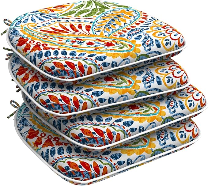 DYTXIII Set of 4 Outdoor Chair Cushions with Ties,Water Repellent Patio Chair Pads 17"x 16" for Outdoor Furniture,Round Corner Seat Cushions for Garden Yard Kitchen Paisley Multi