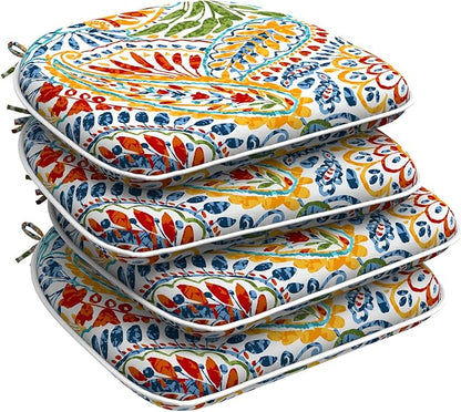 DYTXIII Set of 4 Outdoor Chair Cushions with Ties,Water Repellent Patio Chair Pads 17"x 16" for Outdoor Furniture,Round Corner Seat Cushions for Garden Yard Kitchen Paisley Multi
