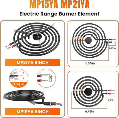 W10196405 W10196406 Chrome Drip Pans & MP22YA Electric Range Burner Element | Compatible with Amana/Maytag/Whirlpool Electric Stove, Include 2 6-Inch and 2 8-Inch Silver Drip Pans & Stove Burner Elements