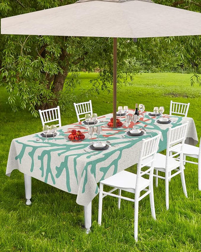 Teal Red Coral Outdoor Tablecloth - 60x102 Inch Rectangle Table Cover, Summer Ocean Nautical Coastal Rustic Burlap Waterproof Outdoor Table Cloth with Umbrella Hole & Zipper for Picnic/Patio/Party