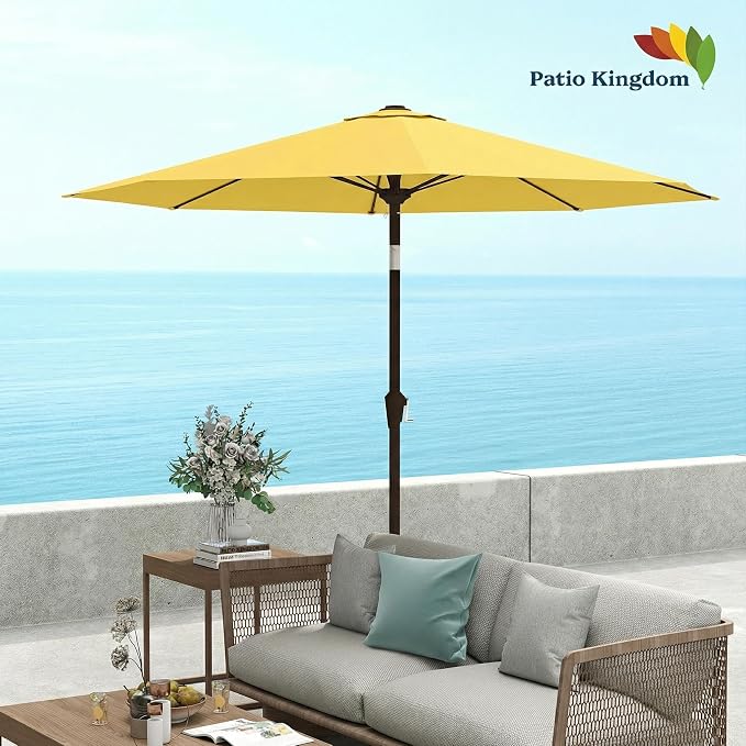 9FT Patio Umbrella Outdoor Table Umbrella w/Push Button Tilt and Crank, 8 Sturdy Ribs, UV Resistant Waterproof Market Umbrella for Pool, Deck, Backyard, Garden, Sunshine Yellow