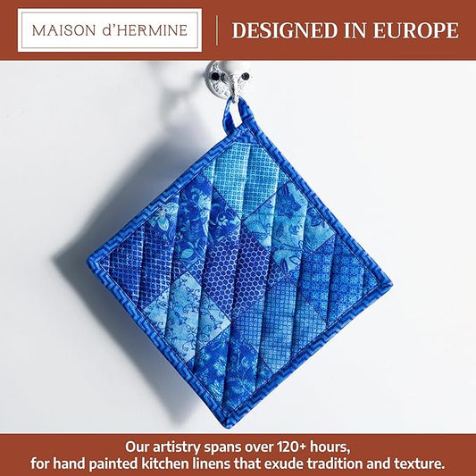 Maison d' Hermine Pot Holders 100% Cotton Heat Resistant Potholders 8" x 8" Hot Pads with Loop BBQ Cooking Baking Hotel Farmhouse Kitchen Handling Hot Pans Spring Summer (Pack of 1, Indigo Love)
