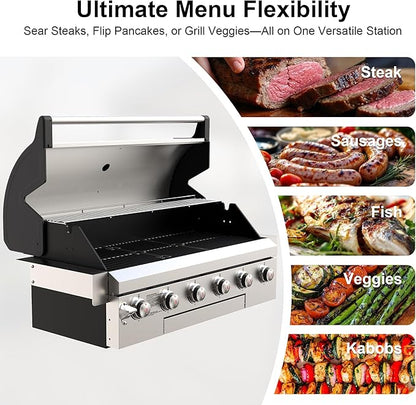 Brand-Man Propane Gas Grill, 40-Inch 6-Burner Built-In Head BBQ Island Outdoor Kitchen, Natural Gas Convertible, Heavy Duty 304 Stainless Steel, 60,000BTUs