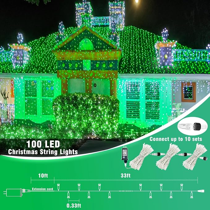 Vivideal 100 LED 33ft String Lights Indoor, St Patricks Day Lights 8 Modes Clear Wire Waterproof Plug in Green Christmas Lights for Holiday Party Xmas Tree Decorations
