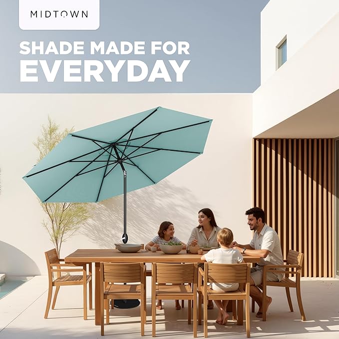 Midtown Umbrellas - 10-Year-No-Fade 6 Ft Patio Umbrella with Terylast Fabric, Auto-Tilt Aluminum Frame and 8 Reinforced Ribs for Deck, Pool, Garden & Beach - Aqua Canopy, Black Pole