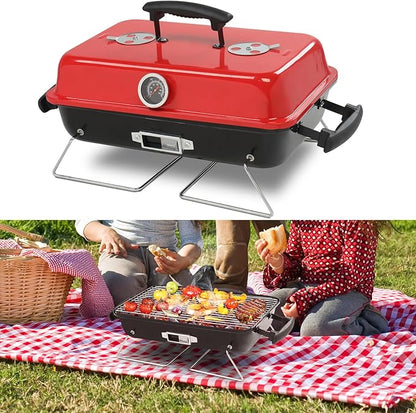 Small Charcoal Grill Portable Barbecue Grills with Thermometer, Compact Iron BBQ Grill for Garden Party Picnic Hiking Travel Backyard Cooking, Easy to Assemble, Asadores de Carbon, Black and Red