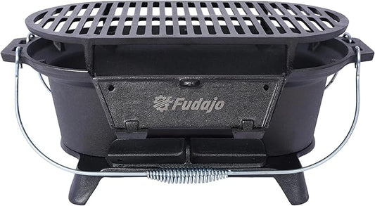 Small Charcoal Grill for Outdoor BBQ 100% Cast Iron Oval Tabletop Camping Hibachi Built-in Carrying Handles Barbecue Stove for Party