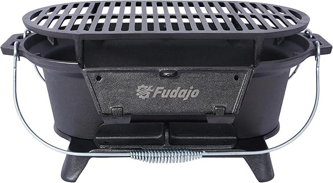 Portable Cast Iron Grills Outdoor, Oval Tabletop Charcoal Grill with Skillet, Durable Small Hibachi Griller for Camping, Tailgating, BBQ, Hunting, 19.6 Inches, Black, 26 lbs