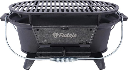 19.6" Portable Oval Enameled Cast Iron Charcoal Grill - Small, Durable, Camping Stove, Hibachi Grill for Outdoor Use, Black