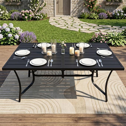 Patio Dining Table for 6 People, 60" Outdoor Modern Rectangular Wrought Iron Metal Table with Umbrella Hole and Unique Reinforced Stability for Garden, Backyard, Deck, Porch