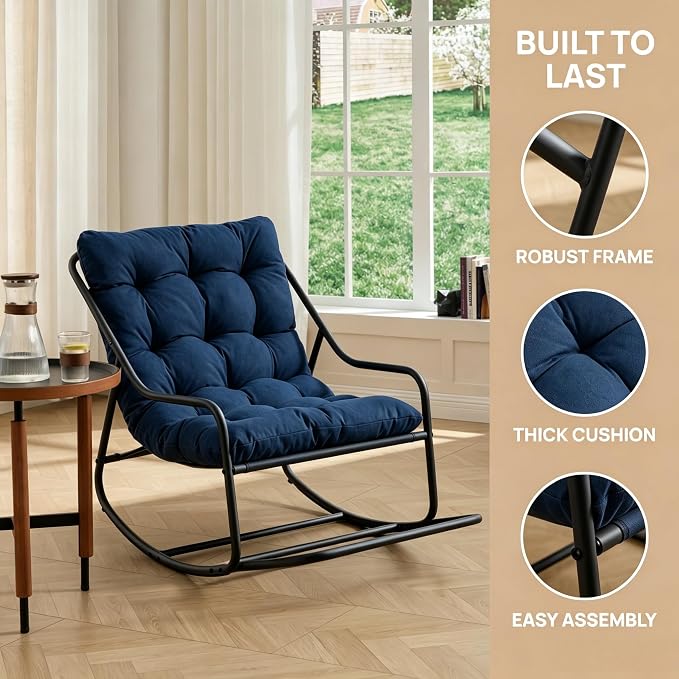 Outdoor Rocking Chairs, Metal Frame Outdoor Rocker with Footrest, Comfy Oversized Patio Chair with Thick Cushion, Reading Glider Lounge Chair for Living Room, Bedroom, Garden, Relax, Navy Blue