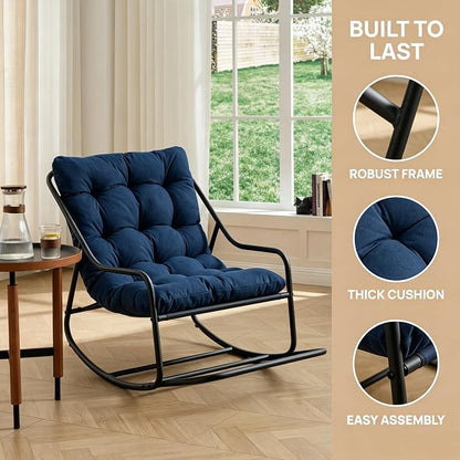 Outdoor Rocking Chairs, Metal Frame Outdoor Rocker with Footrest, Comfy Oversized Patio Chair with Thick Cushion, Reading Glider Lounge Chair for Living Room, Bedroom, Garden, Relax, Navy Blue