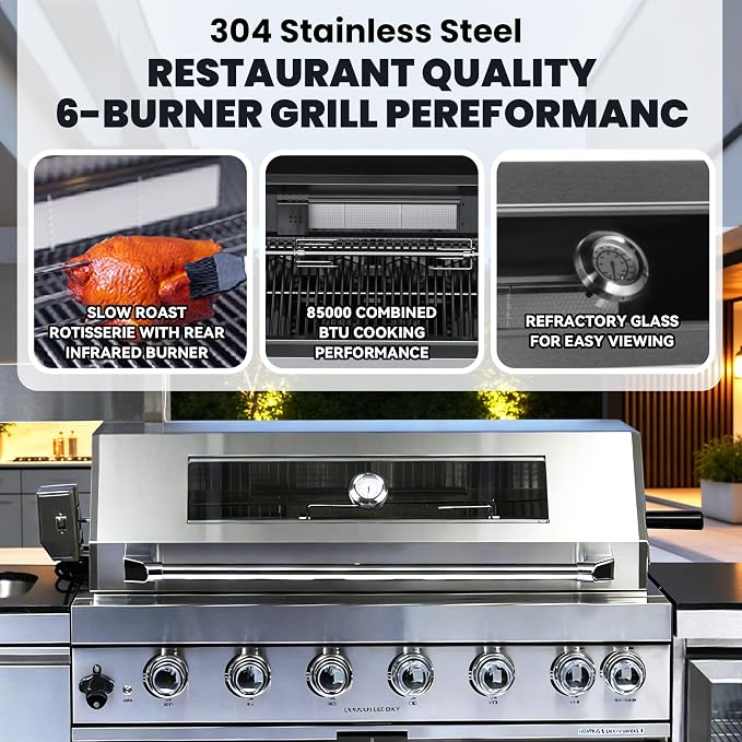 94 Inch Outdoor Kitchen Island with Shed, 85000 BTU 6-Burner Stainless Steel Propane Gas Grill, Wine Cooler Refrigerator, Rotisserie Kit, Galvanized Steel Roof & Black Granite Countertop, Silver