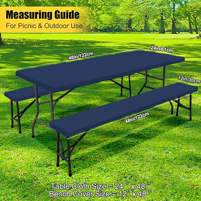 Smiry Picnic Table Cover with Bench Covers, Waterproof Elastic Fitted Polyester Tablecloths for 4 Ft Rectangle Tables, Washable Windproof Tablecloth for Camping, RV & Outdoor (Navy, 24x48 Inches)
