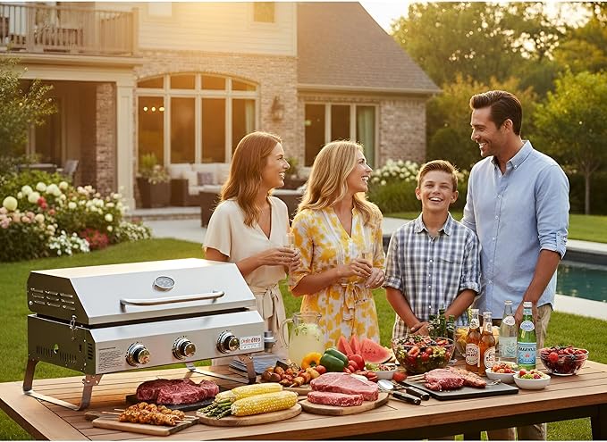 ONLYFIRE GRILLS Tabletop Gas Griddle with Foldable Legs, Portable 3-Burner Propane Gas Grill Griddle Flat Top for Outdoor Cooking Patio Barbecue Camping Tailgating RV BBQ, Stainless Steel, #GS309