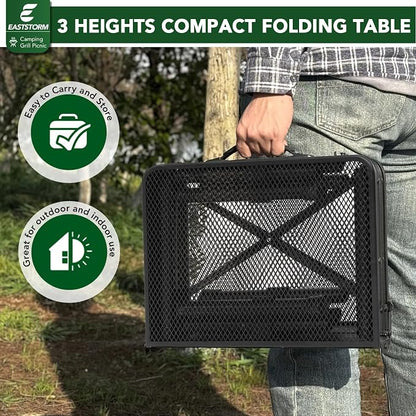 E EASTSTORM Folding Grill Table for Outside, 3 Height Adjustable,Small Camping Table with Black Metal Mesh, Portable Outdoor Table for Picnic BBQ, Garden, Patio, Tailgate & Travel