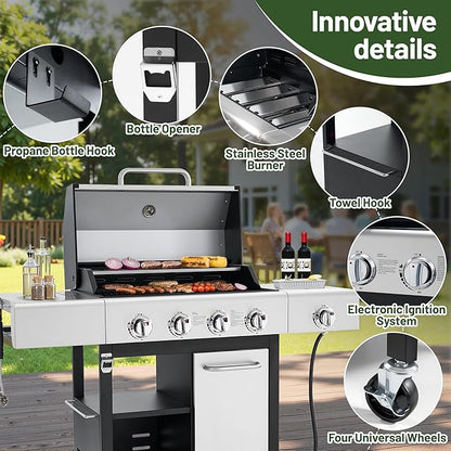 HUGROVE Propane Gas BBQ Grill with Side Burner & Wheels, 50,000 BTU Output Stainless Steel Barbecue Grill for Backyard & Outdoor Cooking Easy to Assemble (Silver)