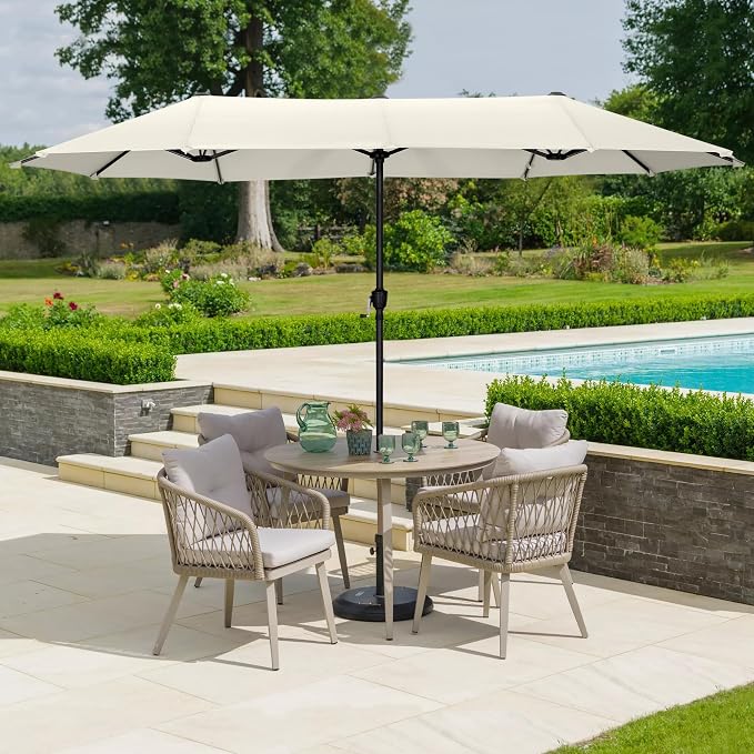 HERA'S PALACE 13 Ft Double-Sided Twin Patio Umbrella, Outdoor Double Sided Market Patio Umbrella with Crank, Powerful UV Protective (Ivory)