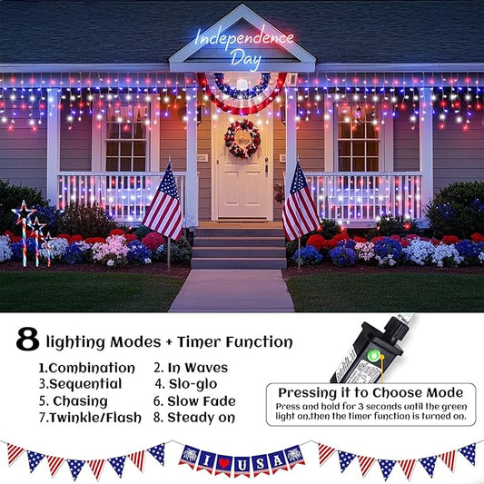 Red White and Blue Icicle Lights for Outside, 4th of July Decorations Independence Day Patriotic Lights, 33ft 400 LED with 75 Drops Clear Wire Connectable for Memorial Day Party Holiday